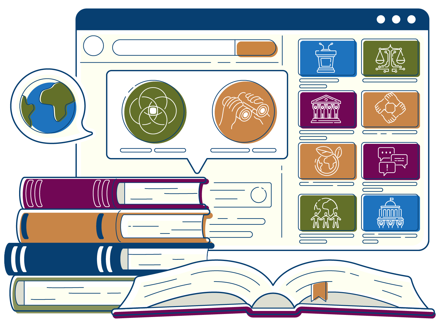 Illustration of a Learning Hub window showing lesson tiles for each core issue, beside a stack of books and an open book